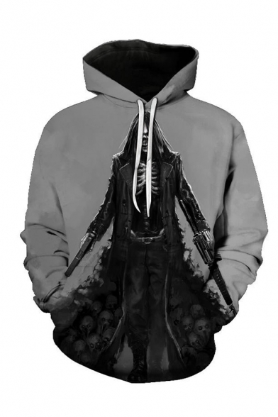 Leisure 3D Hoodie Skull Gun Pattern Drawstring Pocket Regular Fit Long-sleeved Hooded Sweatshirt for Men