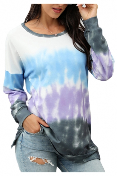 Leisure Womens Tie Dye Printed Long Sleeve Drop Shoulder Loose Fit Pullover Sweatshirt Top