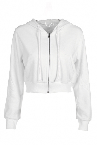 Long Sleeve Plain Zip Up Placket Leisure Sports Cropped White Hoodie
