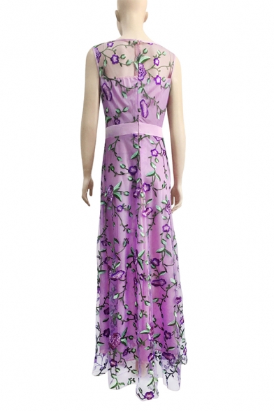 Luxurious Floral Embroidered Boat Neck Sleeveless Maxi Fit & Flare Party Dress