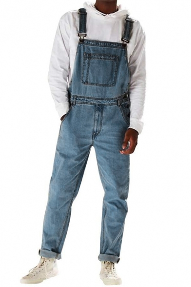 Mens Casual Loose Fashion Ripped Rolled Cuff Straight Leg Denim Overalls