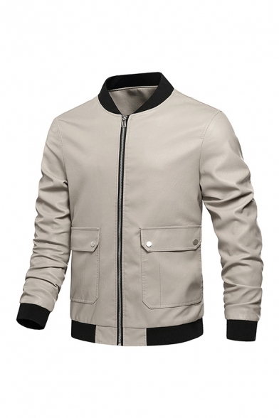 Mens Jacket Creative Flap Pockets Rib Trim Zipper Detail Stand Collar Slim Fitted Long Sleeve Leather Jacket