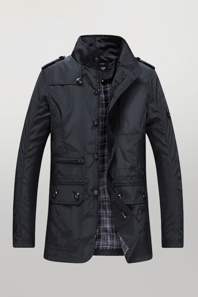 Mens Jacket Trendy Plain Plaid-Lined Pockets Epaulets Zipper down Mock Neck Long Sleeve Slim Fitted Casual Jacket