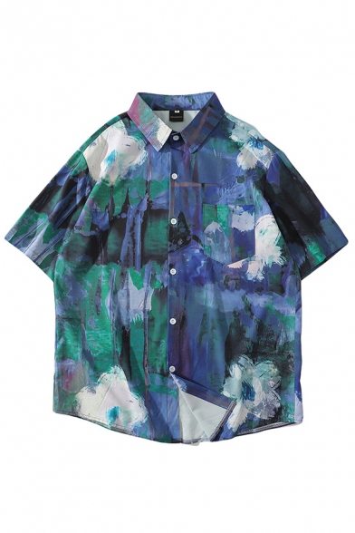 Mens Shirt Chic Abstract Oil Painting Button-down Half Sleeve Point Collar Regular Fit Shirt with Chest Pocket