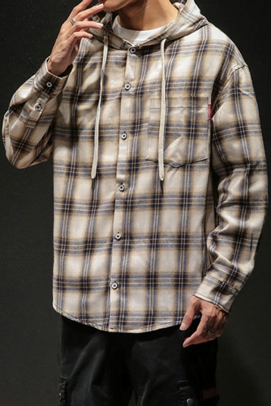 Mens Shirt Chic Tartan Printed Chest Pocket Drawstring Button up Long Sleeve Relaxed Fit Hooded Shirt