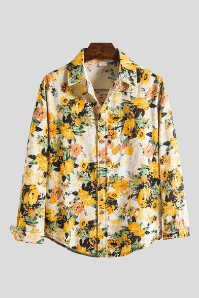 Mens Shirt Stylish Floral Painting Button up Curved Hem Turn-down Collar Long Sleeve Regular Fit Shirt