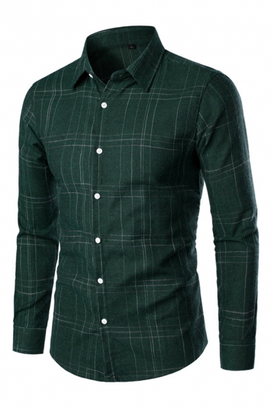 Mens Shirt Stylish Plaid Printed Curved Hem Button-down Long Sleeve Spread Collar Slim Fitted Shirt