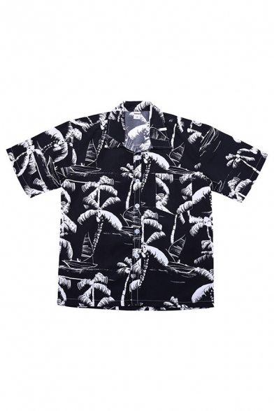 Mens Shirt Unique Palm Tree Sailing Boat Pattern Chest Pocket Button up Turn-down Collar Short Sleeve Regular Fit Shirt