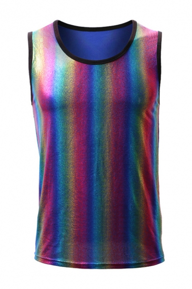 Mens Tank Top Stylish Abstract Rainbow Striped Pattern Sleeveless Round Neck Skinny Fitted Tank Top