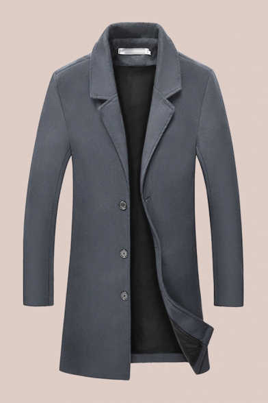 Mens Trench Coat Unique Solid Color Button Detail Woolen Notched Lapel Collar Slim Fitted Long Sleeve Trench Coat