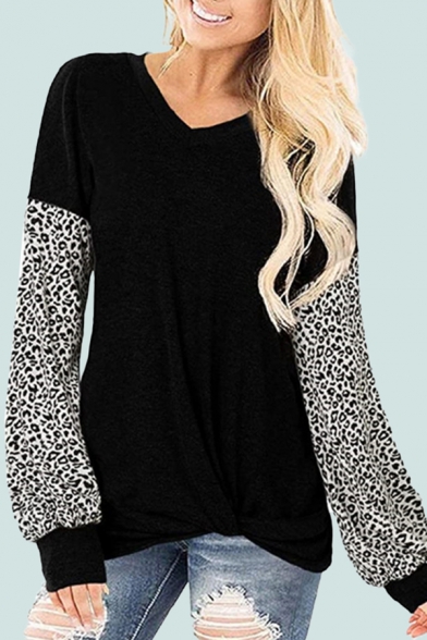 Popular Womens Leopard Printed Patchwork Twist Hem V Neck Bishop Long Sleeve Relaxed Fit Tee Top