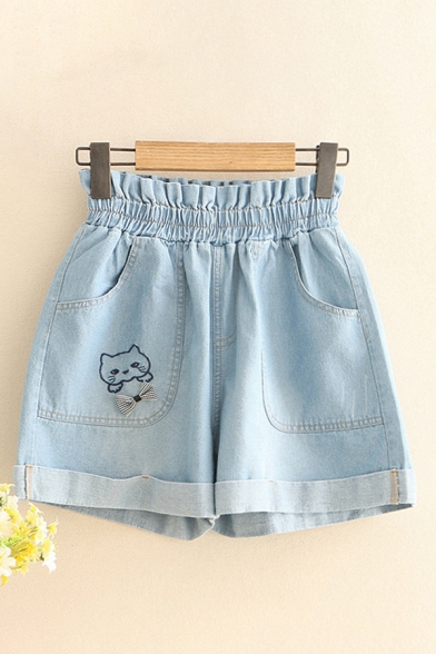 Pretty Shorts Cat Embroidery Bow Pocket Drawstring Paperbag Waist Mid Rise Regular Fitted Denim Shorts for Ladies