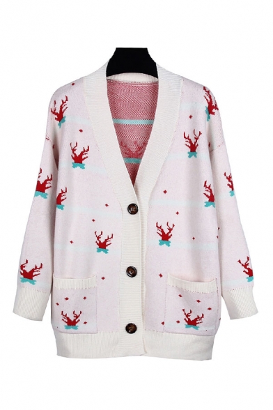 Pretty Womens All Over Deer Printed Long Sleeve Single Breasted Loose Knit Cardigan