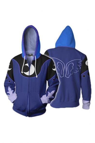 Retro Mens Hoodie Contrasted Crescent Moon Circle Wing Printed Drawstring Zipper Fly Slim Fitted Long Sleeve Hoodie