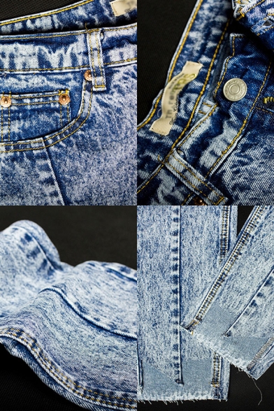 Retro Womens Jeans Acid Wash Asymmetric Hem High Waist Zipper Fly Slim Fit 7/8 Length Tapered Jeans