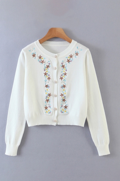 

Simple Womens Flower Embroidered Long Sleeve Crew Neck Button Up Knit Regular Fit Cardigan in White, LM682353