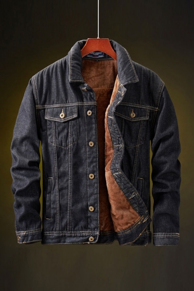 Stylish Jacket Pockets Spread Collar Contrast Stitching Button Fly Regular Fit Long-sleeved Acid Wash Lined Denim Jacket for Men