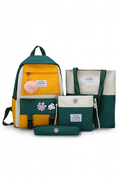 Trendy Letter Patched Floral and Rabbit Printed Contrasted Large Capacity Backpack 4 Piece Set in Green