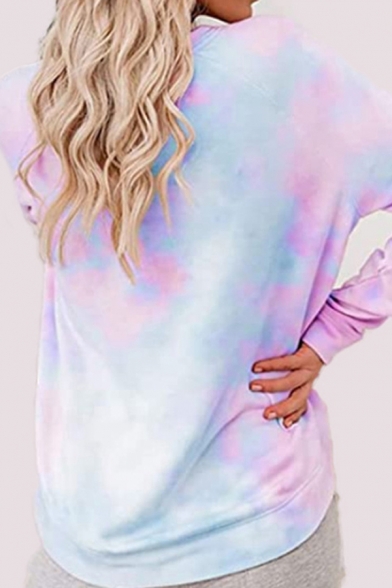 Trendy Womens Tie Dye Round Neck Long Sleeve Relaxed Fit T-shirt