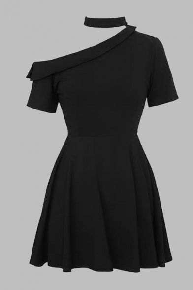 Unique Womens Dress Black Solid Color Sloping Shoulder Fold down Collar Detail Short Sleeve Short A-Line Dress