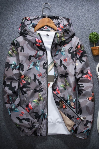 Vintage Mens Jacket Camouflage Butterfly Pattern Cuffed Zipper down Long Sleeve Regular Fit Hooded Casual Jacket
