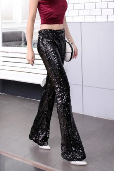 Vintage Womens Flare Pants Sequin Decoration High Rise Full Length Flare Pants