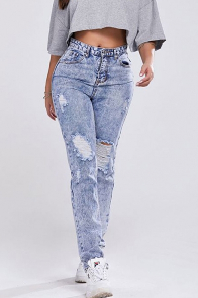 Women's Fancy Jeans Frayed High-rise Pockets Full Length Acid Wash Zip Closure Slim Fitted Jeans