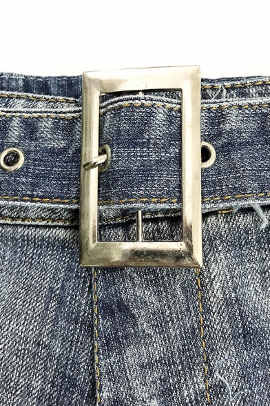 Women's Fancy Shorts Top-stitching Belt Frayed Hem Zip Fly Medium Wash Mini High Rise Slim Fit Shorts