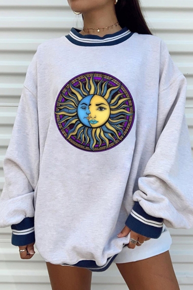 

Womens Chic Pullover Sweatshirt Contrast Trim Claw Moon Sun Skeleton Letter Pattern Tunic Round Neck Long Sleeve Loose Fit Pullover Sweatshirt, Gray, LC690645