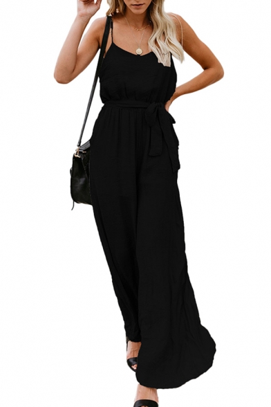 Womens Jumpsuits Trendy Plain Wide Leg Tie-Waist Sleeveless Spaghetti Strap Loose Fitted Jumpsuits