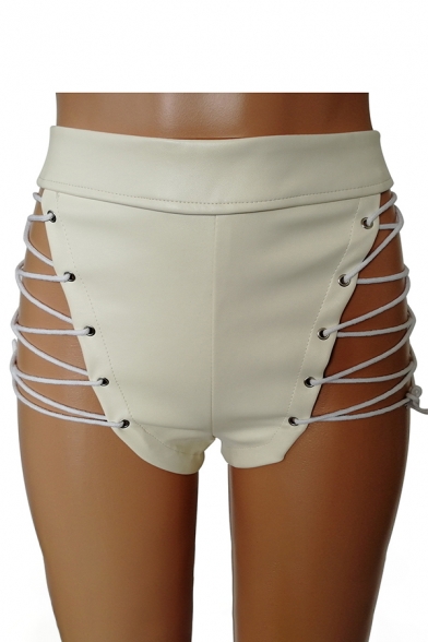 Womens New Stylish Sexy Hollow Out Eyelet Lace-Up Side Skinny Fit Leather Shorts Club Shorts
