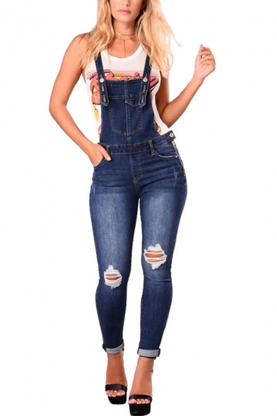 Womens Overalls Pants Fashionable Medium Wash Ripped Roll-up 7/8 Length Tapered Overalls Pants