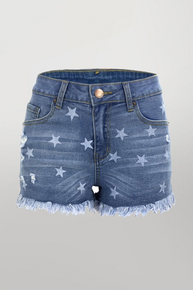 Womens Shorts Chic Medium Wash Star Pattern Frayed Cuffs Zipper Fly Regular Fitted Denim Shorts