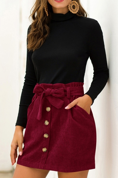 Womens Skirt Fashionable Solid Color Front Button Detail Wale Cord High Bud Waist Bow Tie Mini A-Line Skirt