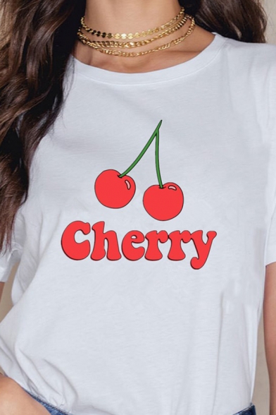 

Womens Tee Top Trendy Cherry Letter Pattern Round Neck Regular Fit Short Sleeve Graphic Tee Top, White, LC696170