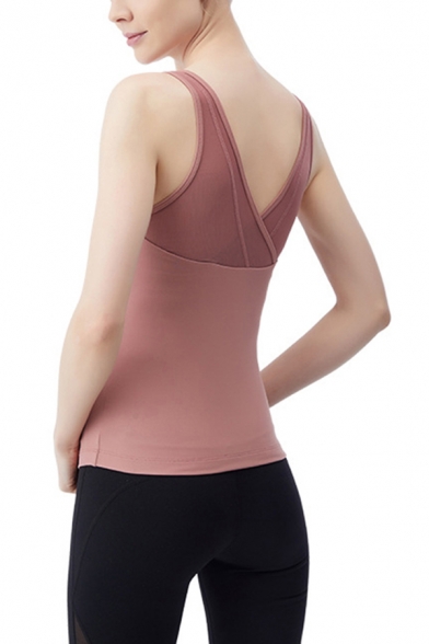 Yoga Womens Pink Patchwork Sleeveless Scoop Neck Slim Fit Tank Top