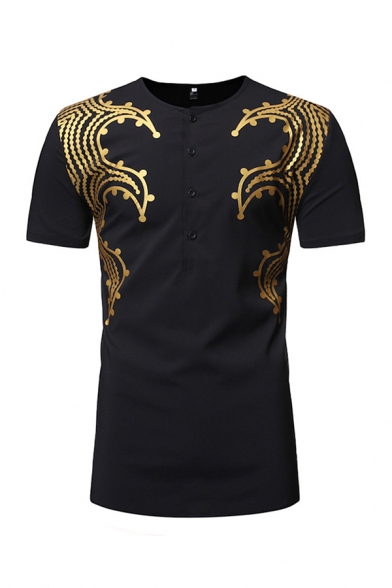 Basic Mens T-Shirt Gilding Abstract Pattern Slim Fitted Henley Neck Short Sleeve T-Shirt