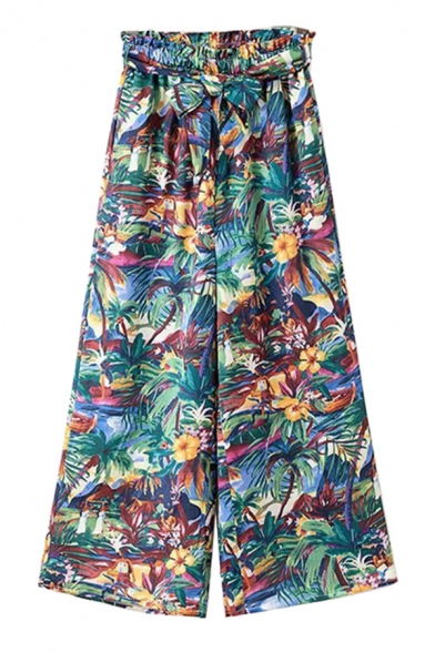 Basic Womens Pants Palm Tree Flower Beauty Pattern Tie-Waist Full Length Loose Fit Wide Leg Relaxed Pants