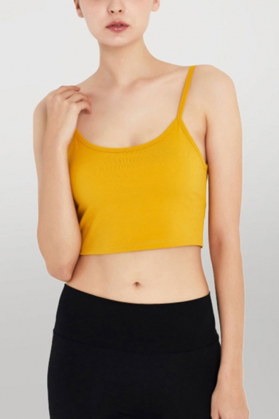 Basic Womens Spaghetti Straps Scoop Neck Slim Fitted Crop Running Cami Top in Yellow
