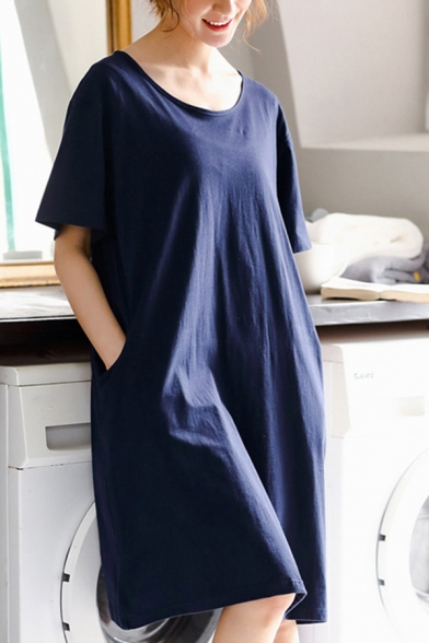 Blue Casual Solid Color Two-Pocket Round Neck Short Sleeve Oversized Midi T Shirt Nightdress for Women