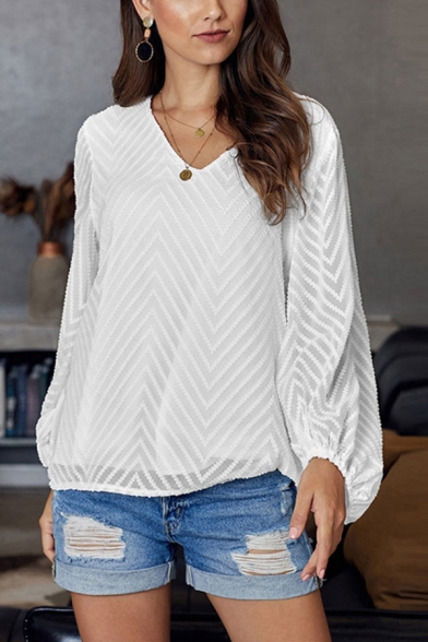 Chevron Applique Blouson Sleeve V-neck Relaxed Fit Chiffon Trendy Blouse Top in White