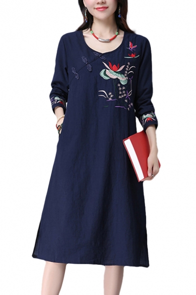 Chinese Style Womens Linen and Cotton Flower Embroidered Long Sleeve Round Neck Frog Button Slit Sides Mid A-line Dress