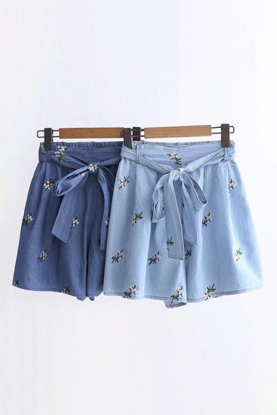 Cool Girls Shorts Floral Leaf Embroidery Bow Pocket Pleated High Waist Half Elastic Denim Shorts