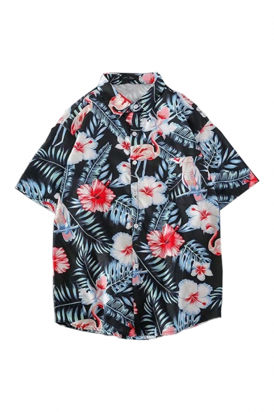 Cool Mens Shirt Hibiscus Leaf Bird Pattern Chest Pocket Button up Point Collar Half Sleeve Regular Fit Shirt