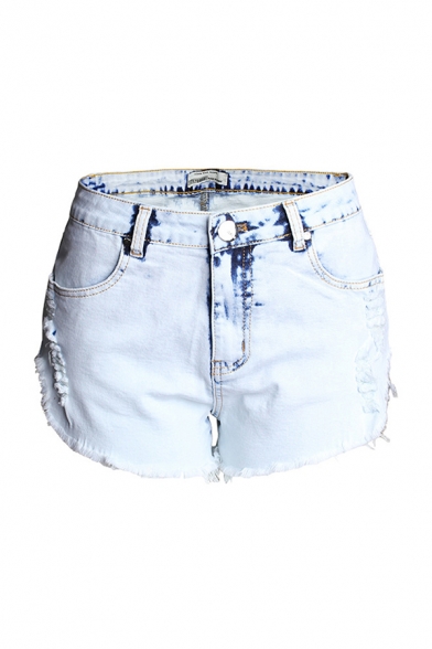Cool Womens Blue Shorts Faded Wash Ripped Frayed Cuffs Zipper Fly Regular Fitted Denim Shorts