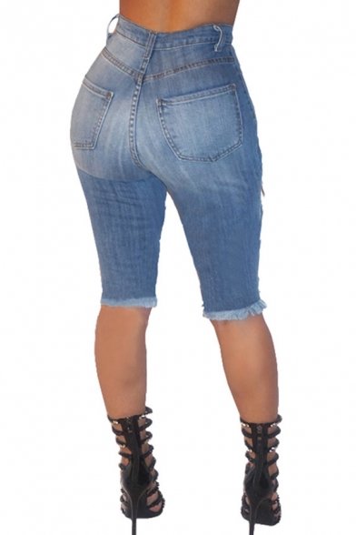 Cool Womens Blue Shorts Medium Wash Distressed Frayed Hem Stretch High Rise Knee-Length Slim Fitted Denim Shorts