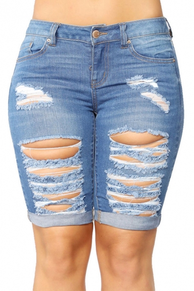 Cool Womens Shorts Medium Wash Distressed Hollow out Low Waist Roll-up Zipper Fly Slim Fitted Denim Shorts
