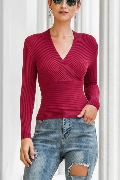 Elegant Solid Color Long Sleeve Surplice Neck Slim Fitted Knit Top for Ladies