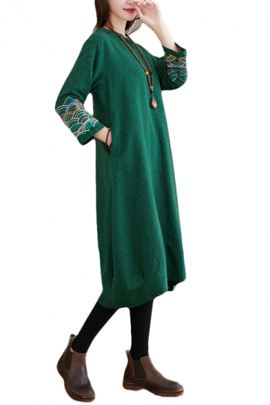 Ethnic Womens Patterned 3/4 Sleeve V-neck Linen and Cotton Mid Oversize Dress