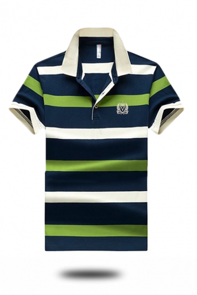 Fashion Logo Printed Men's Summer Casual Striped Cotton Army Green Polo Shirt